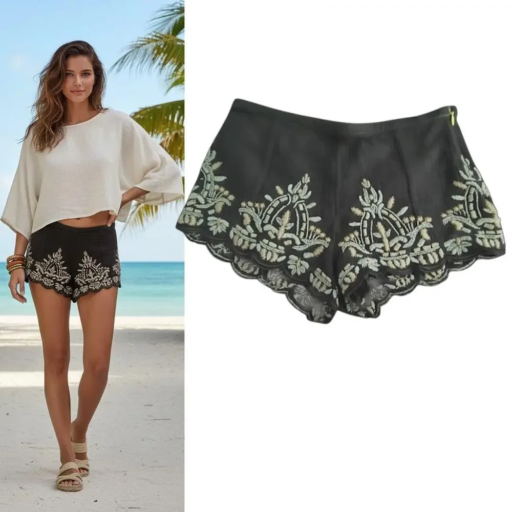 Free people Embroidered Casual Boho Shorts Wmn's Sz XS Brown Scalloped Textured